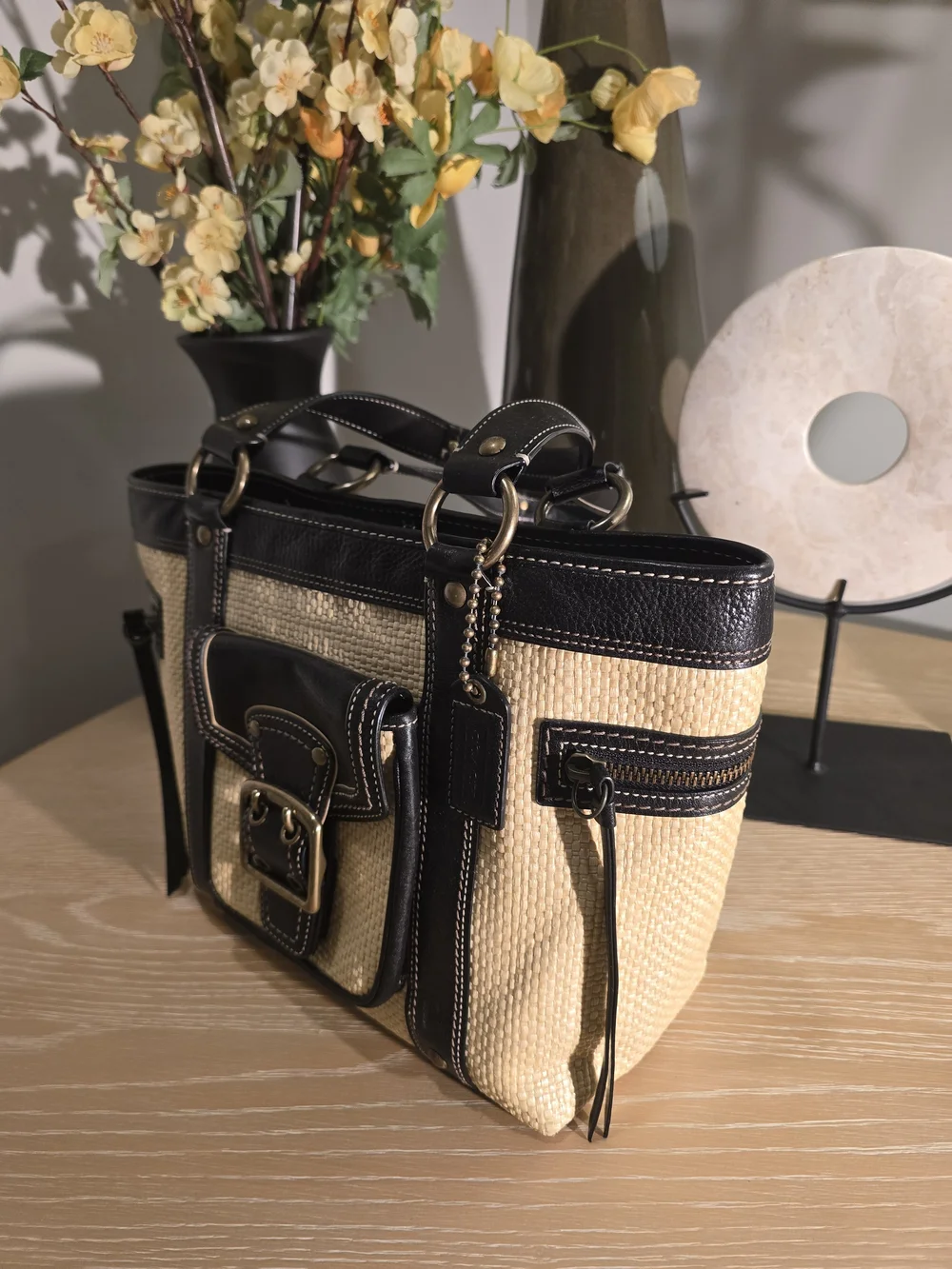 Coach Beige Straw Tote with Black Leather Trim